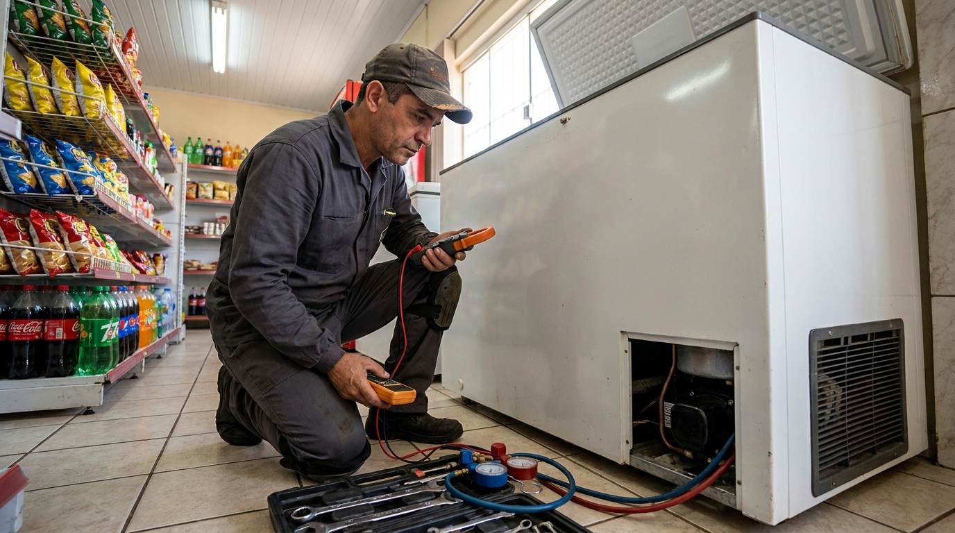 Reparo da placa eletrônica de um freezer em atendimento em Cotia‑SP