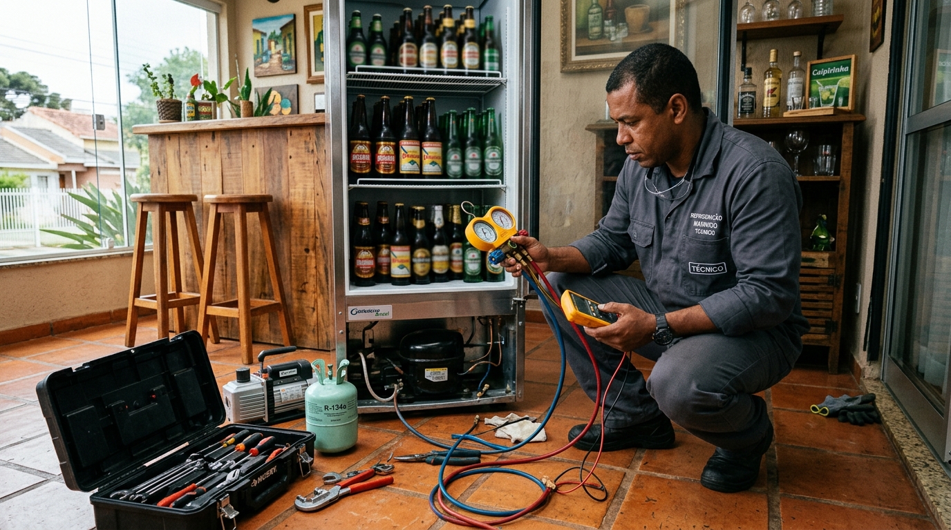 Técnico revisando o motor de uma cervejeira durante chamado em Cotia‑SP