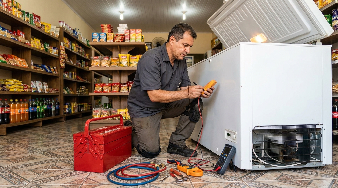 Manômetro conectado ao circuito durante recarga de gás de freezer em Cotia‑SP