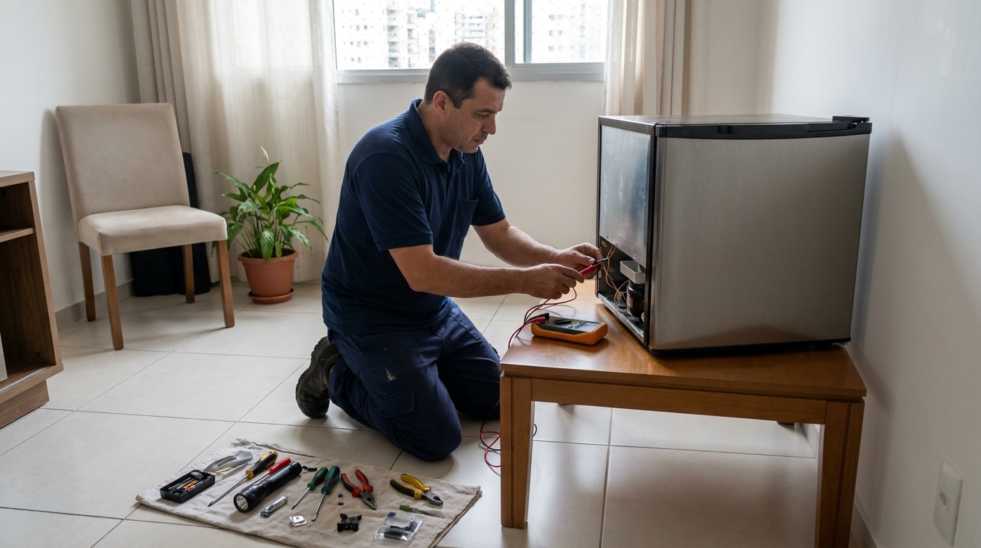 Técnico avaliando um frigobar compacto durante atendimento em Cotia‑SP